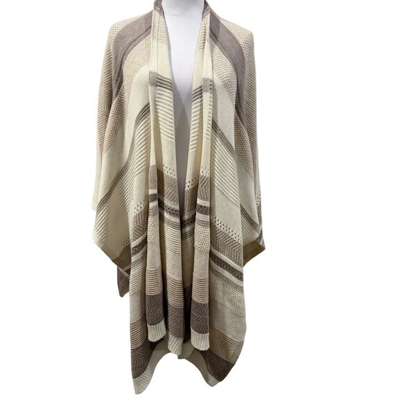 White House Black Market Jackets & Blazers - WHBM Wool Blend Knit Shawl Wrap M/L Neutral Cream Striped Shimmer Cape Poncho